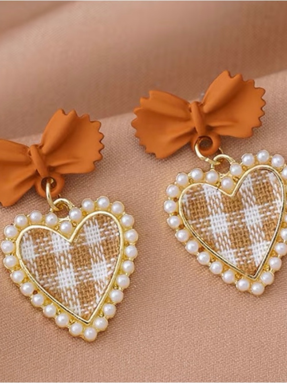 Women's Orange Bow Heart Drop Earrings with Pearl Trim